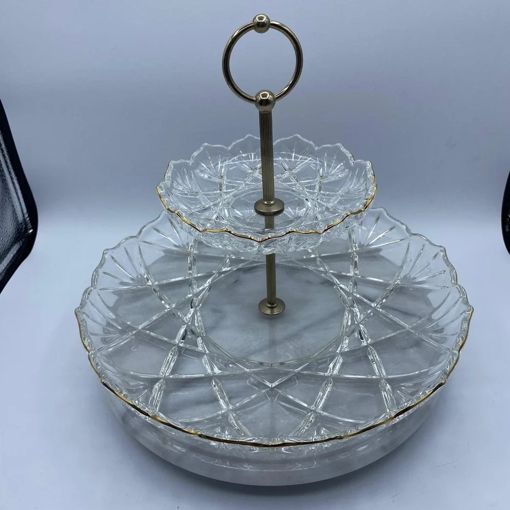 Vintage Mikasa Crystal Hampshire 2 Tier Gold Rim Glass Serving Stand Tray 12in
